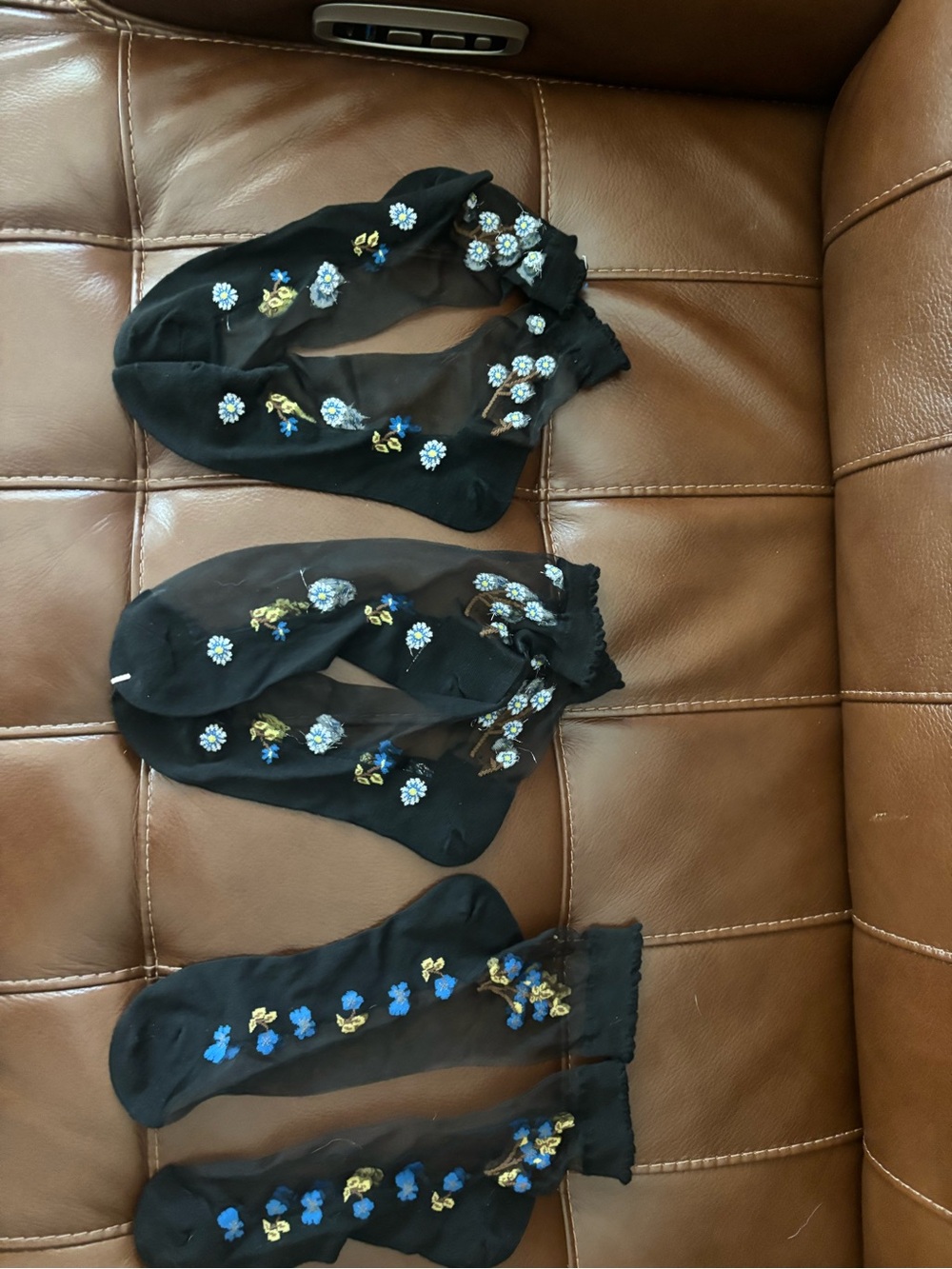 Black Sheer Ankle Socks with Blue Floral Embroidery - Women Accessories
